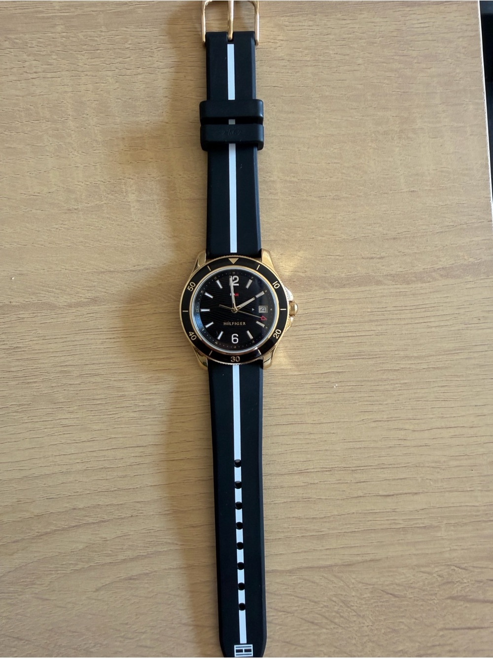 Tommy Hilfiger Blue and White Stripe Silicone Watch with Gold